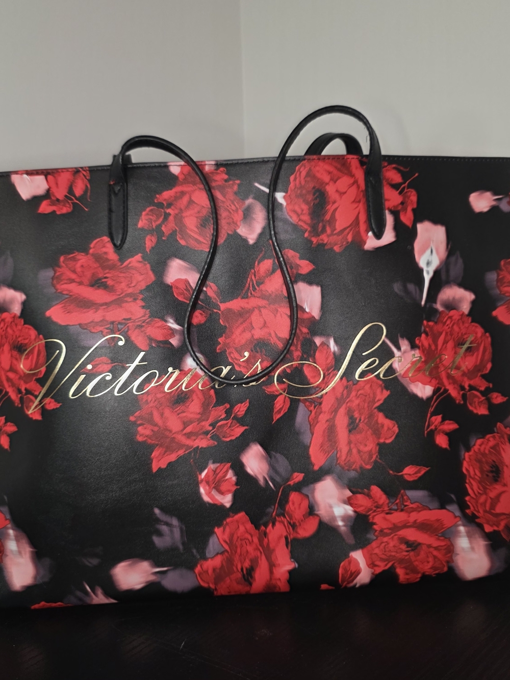 Victoria's Secret Large Tote Bag Black Red Rose Floral Gold Logo Like New - Picture 1 of 8